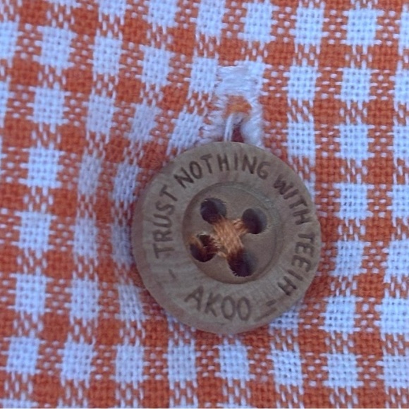 Akoo Plaid Button Up Short Sleeve Shirt Embroidered Patches Orange White XL - Picture 8 of 13